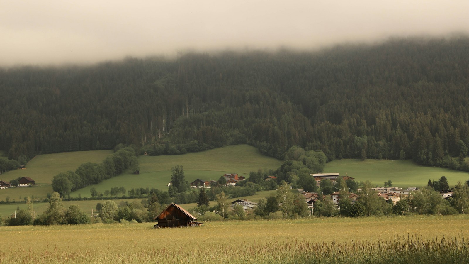 Einzelnes Haus in einer weiten Wiesenlandschaft